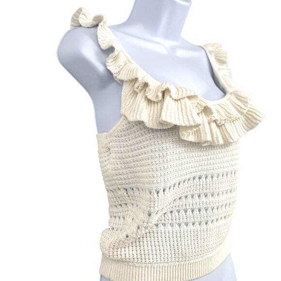 7 For All Mankind Crochet Ruffle Sleeveless Open Knit Top Ecru XS - Picture 3 of 12